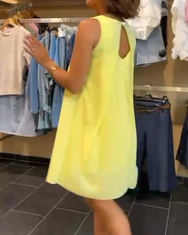 Yellow Sleeveless Crew Neck Solid Midi Dress