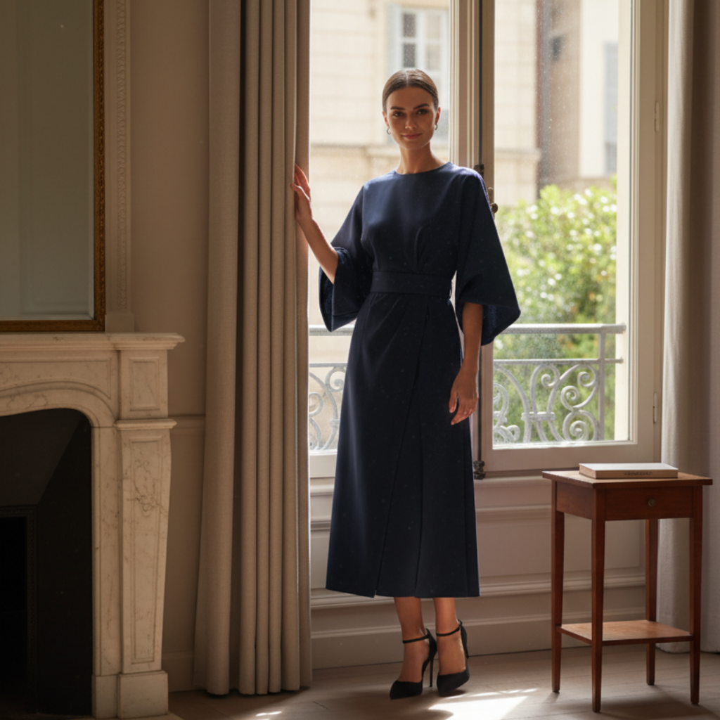 Belted wide sleeve wrap midi dress, side profile view
