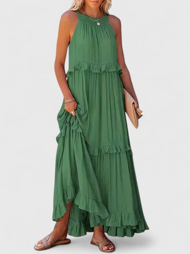 Sleeveless ruffle maxi dress, back view