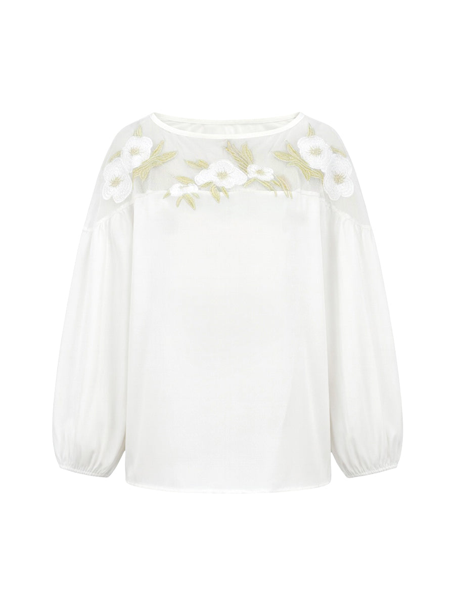 White Floral Applique Mesh Puff Sleeve Blouse