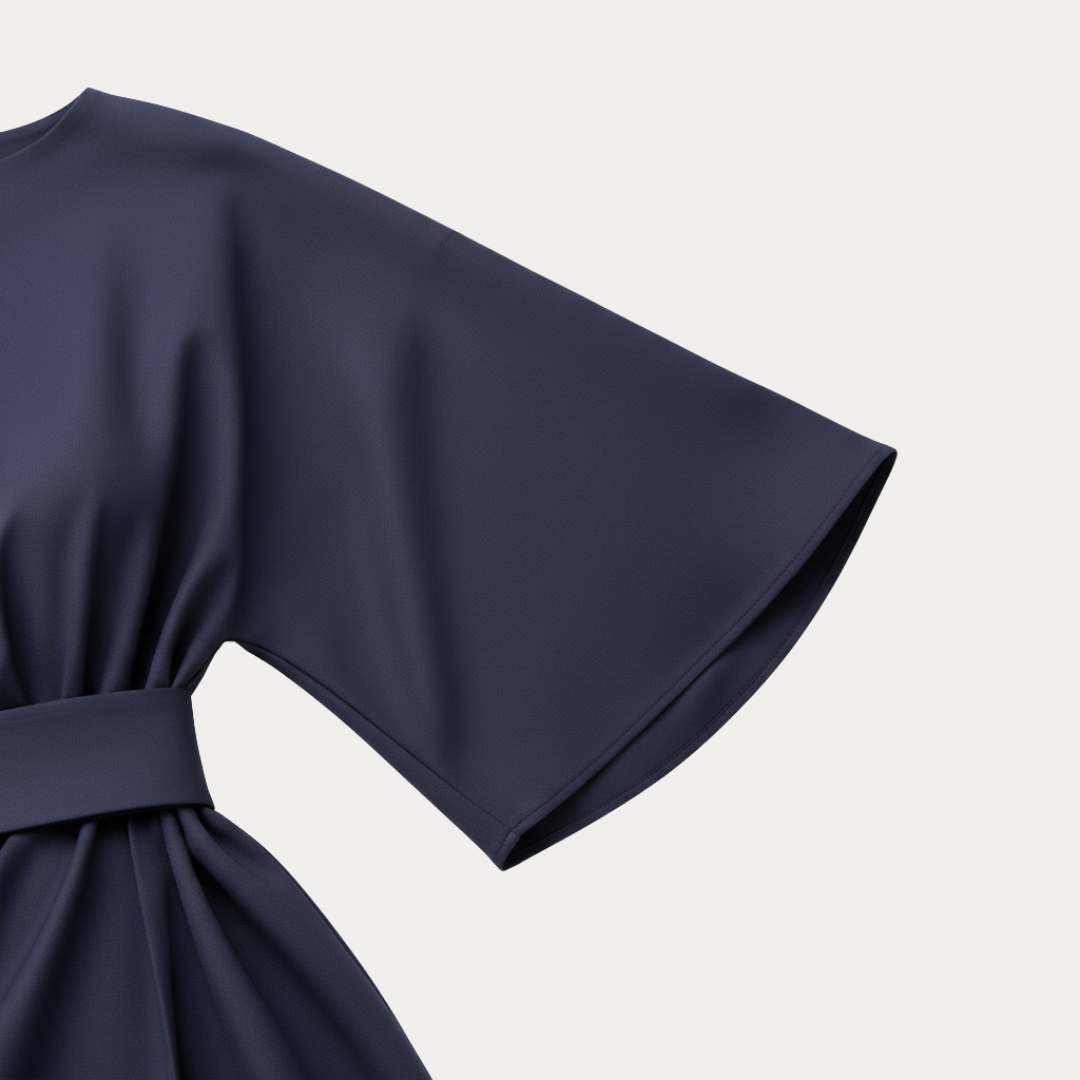 Belted Midi Dress with Wide Sleeves and Draped Waist