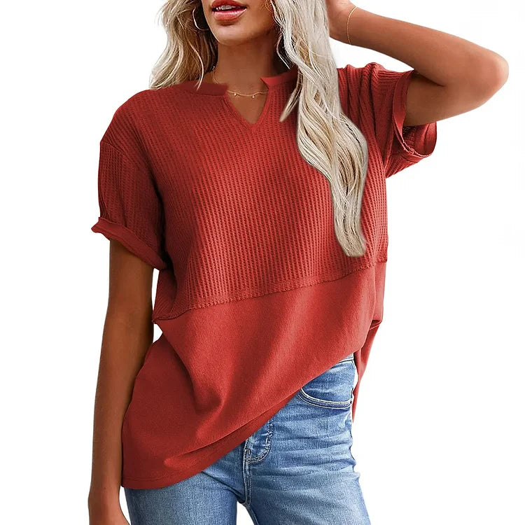 Waffle knit top model wearing with leggings, relaxed casual look | Alba Muse