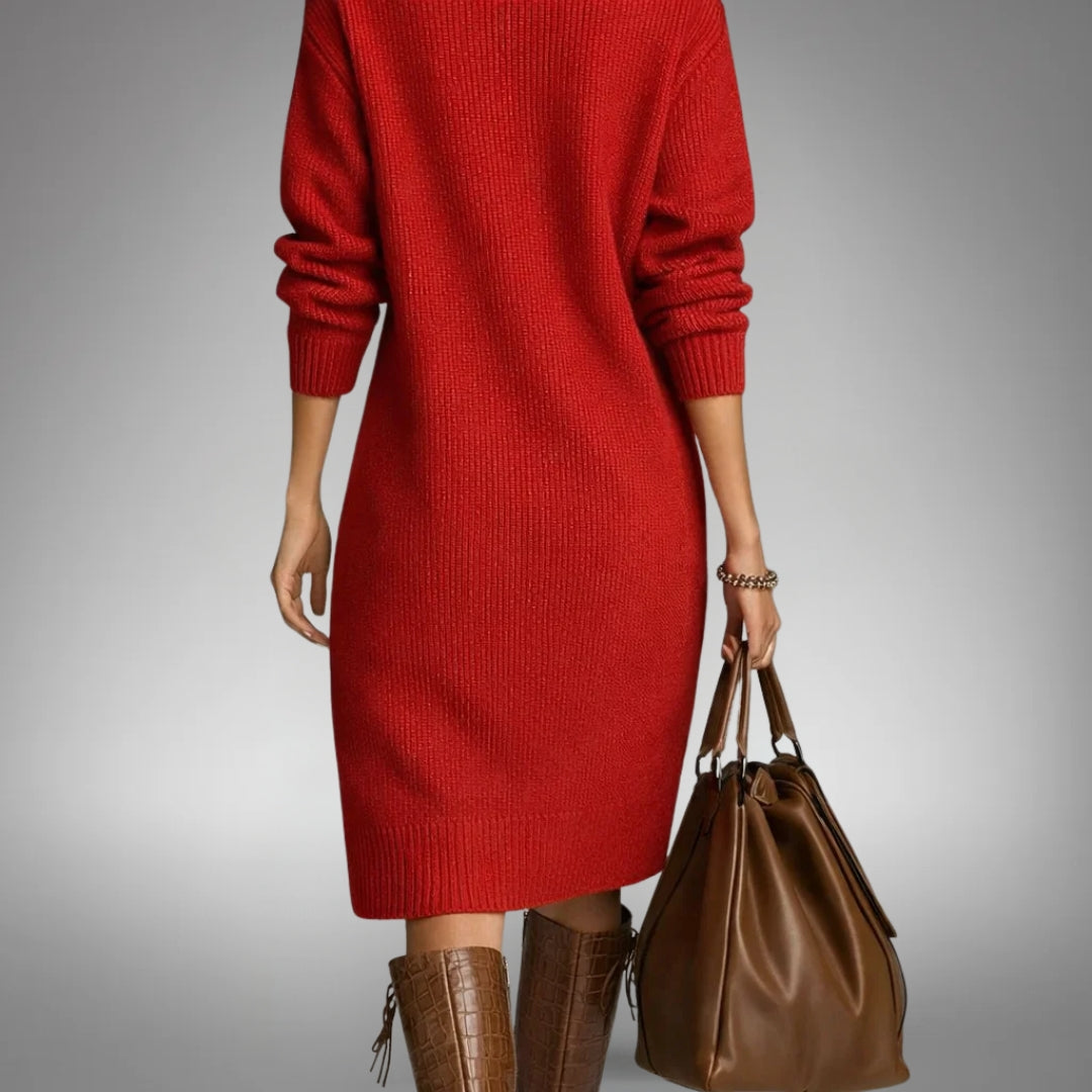 High Neck Button Collar Midi Dress