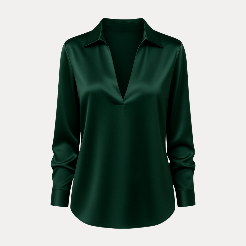 Satin V-neck blouse in green – flat lay front view