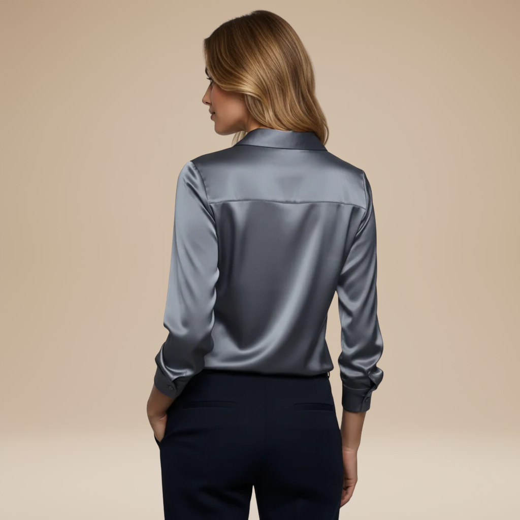 Satin V-neck blouse in grey – back view