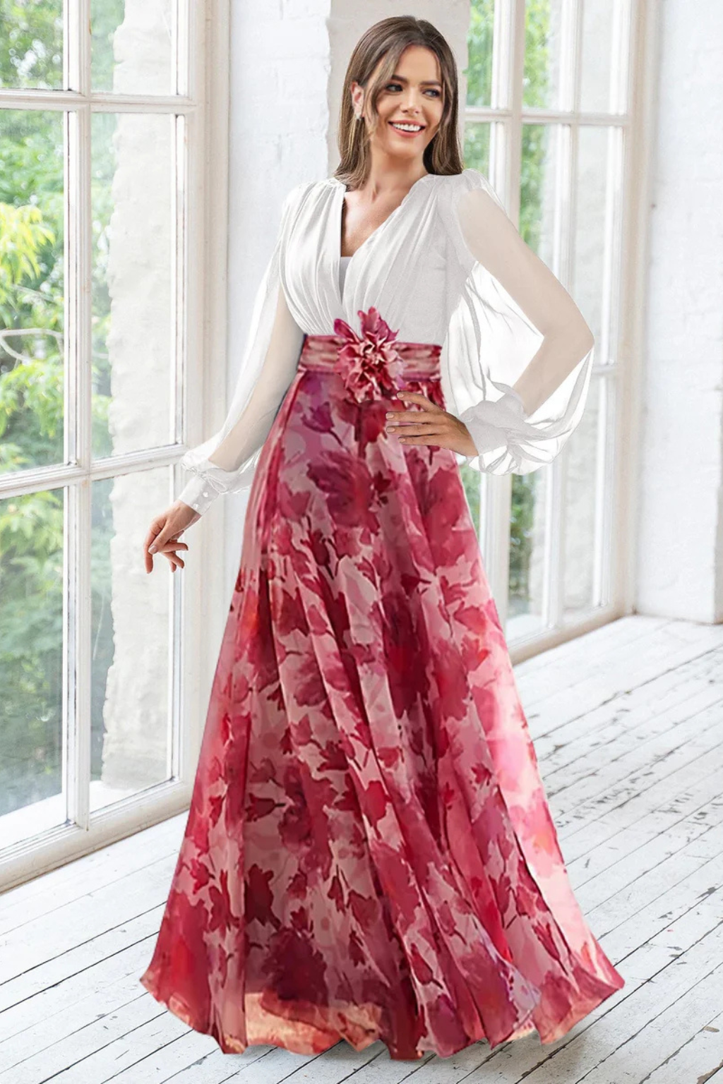 Women's V-neck balloon sleeve maxi dress in multiple colours