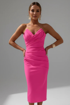 Women's elegant strapless midi dress wedding guest full view