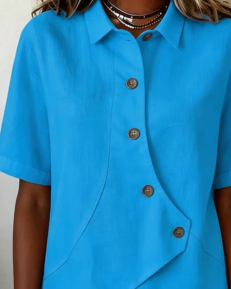Asymmetrical Placket Button Down Cotton Linen Shirt