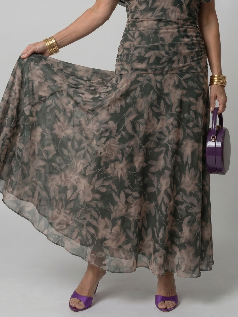 Off-shoulder midi dress with flared skirt movement shot