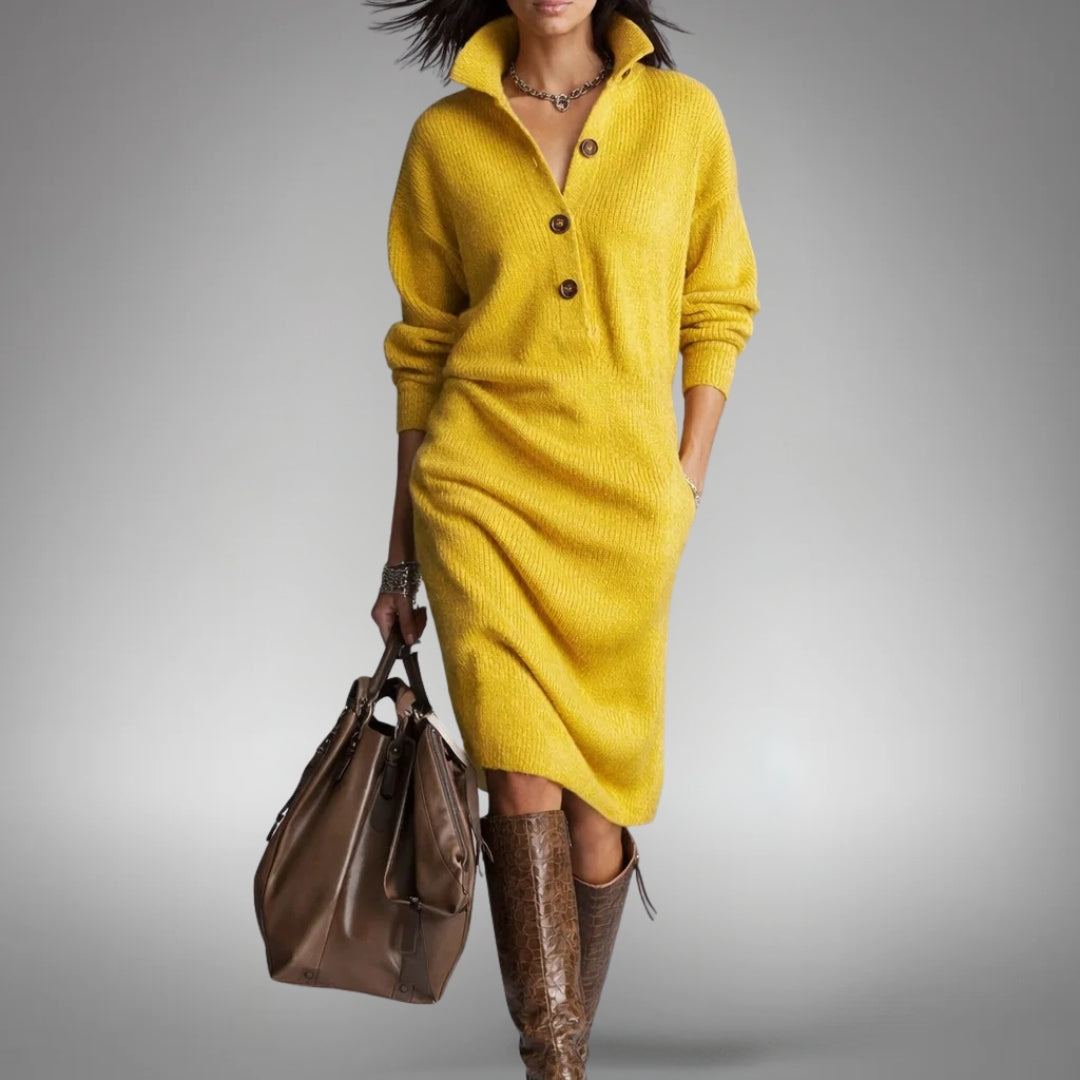 High Neck Button Collar Midi Dress