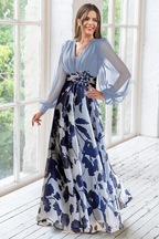 Women's balloon sleeve floral dress full length view