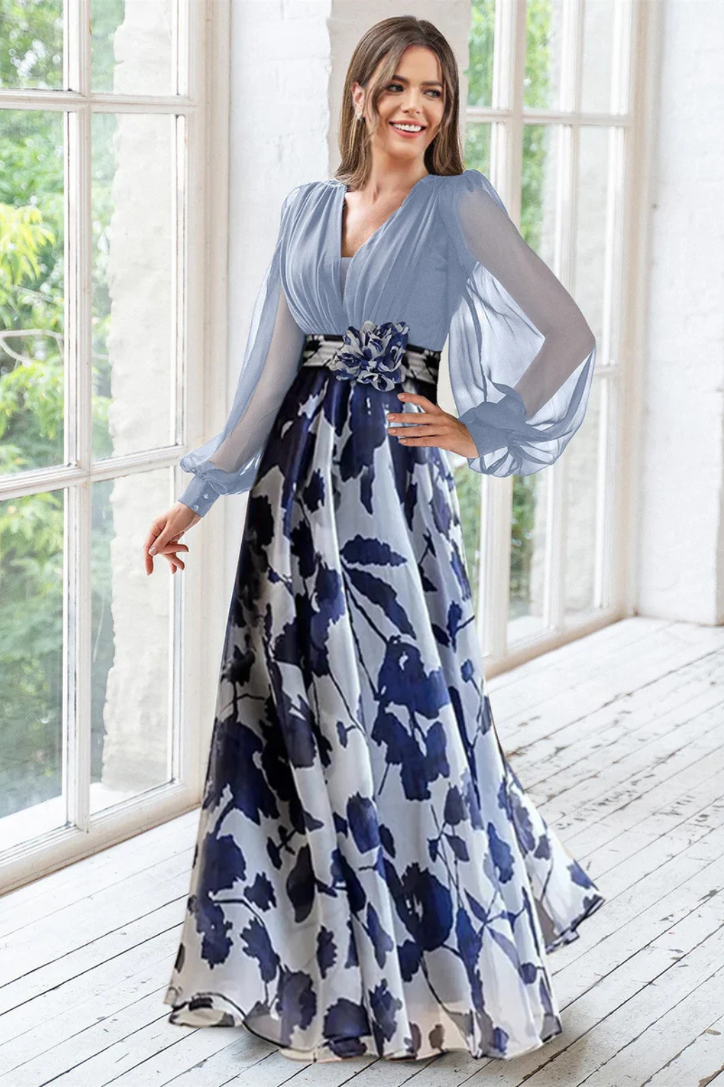Women's balloon sleeve floral dress full length view