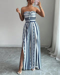Geometric print bandeau slit wide leg sleeveless jumpsuit in blue, front view