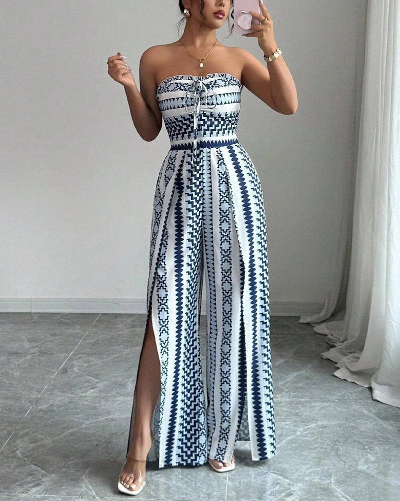 Geometric print bandeau slit wide leg sleeveless jumpsuit in blue, front view
