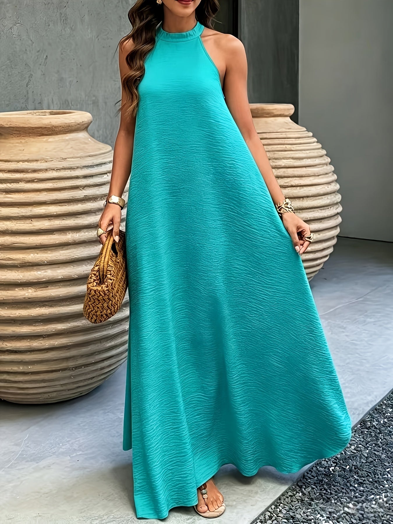 Ribbed Neckline Boho Beach Maxi Dress in Sky Blue, front view