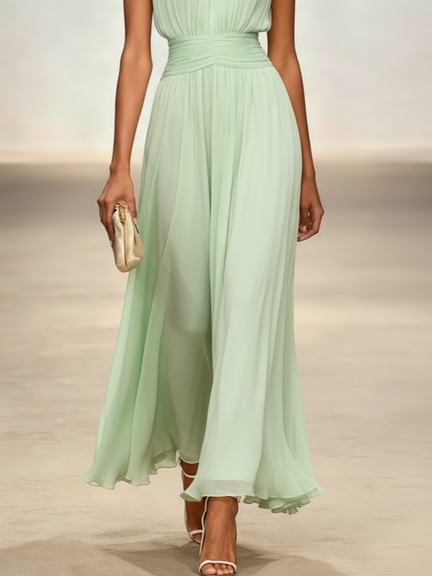 Sleeveless Ruched A-Line Maxi Dress – Wedding Guest