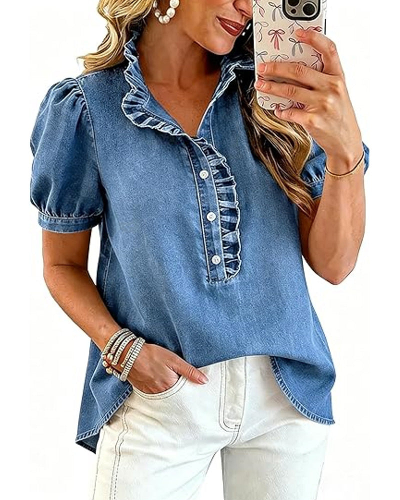 Short sleeve denim blouse, side view