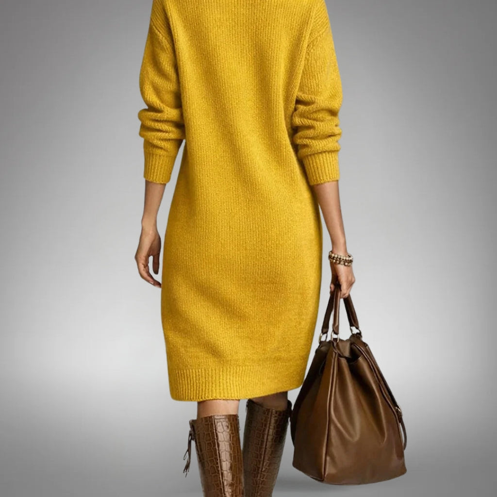 High Neck Button Collar Midi Dress