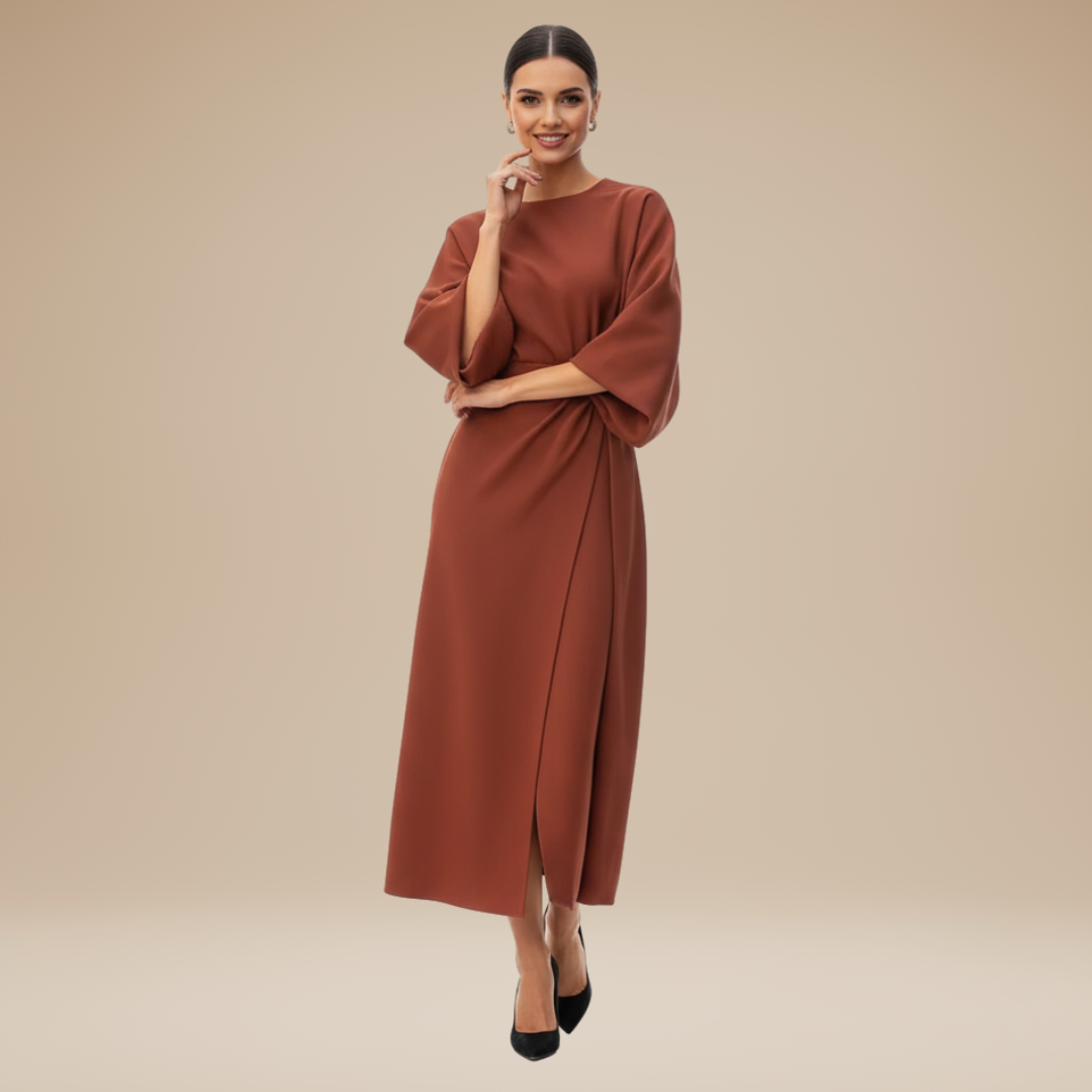 Belted Midi Dress with Wide Sleeves and Draped Waist