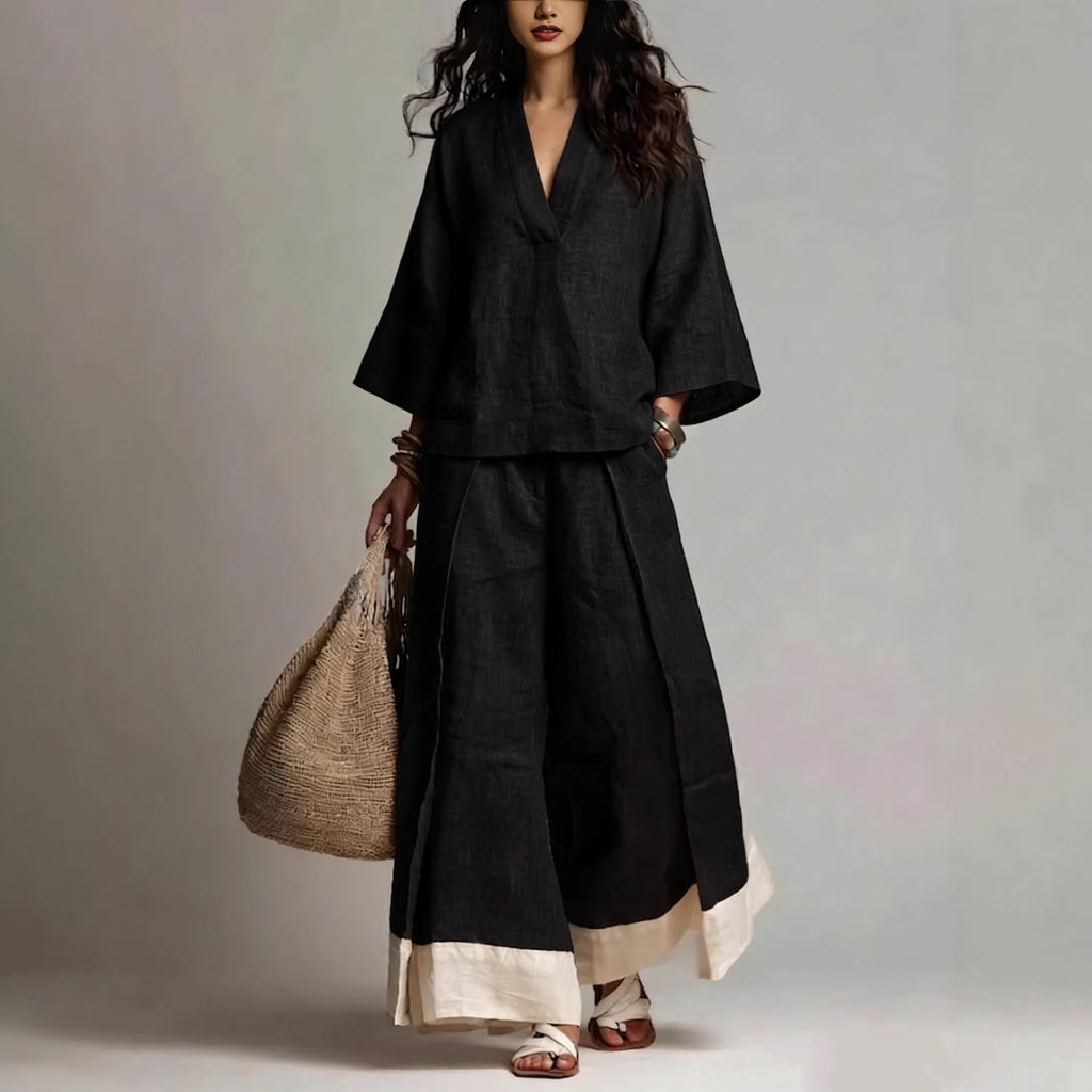 Cotton linen V-neck co-ord set, close-up view