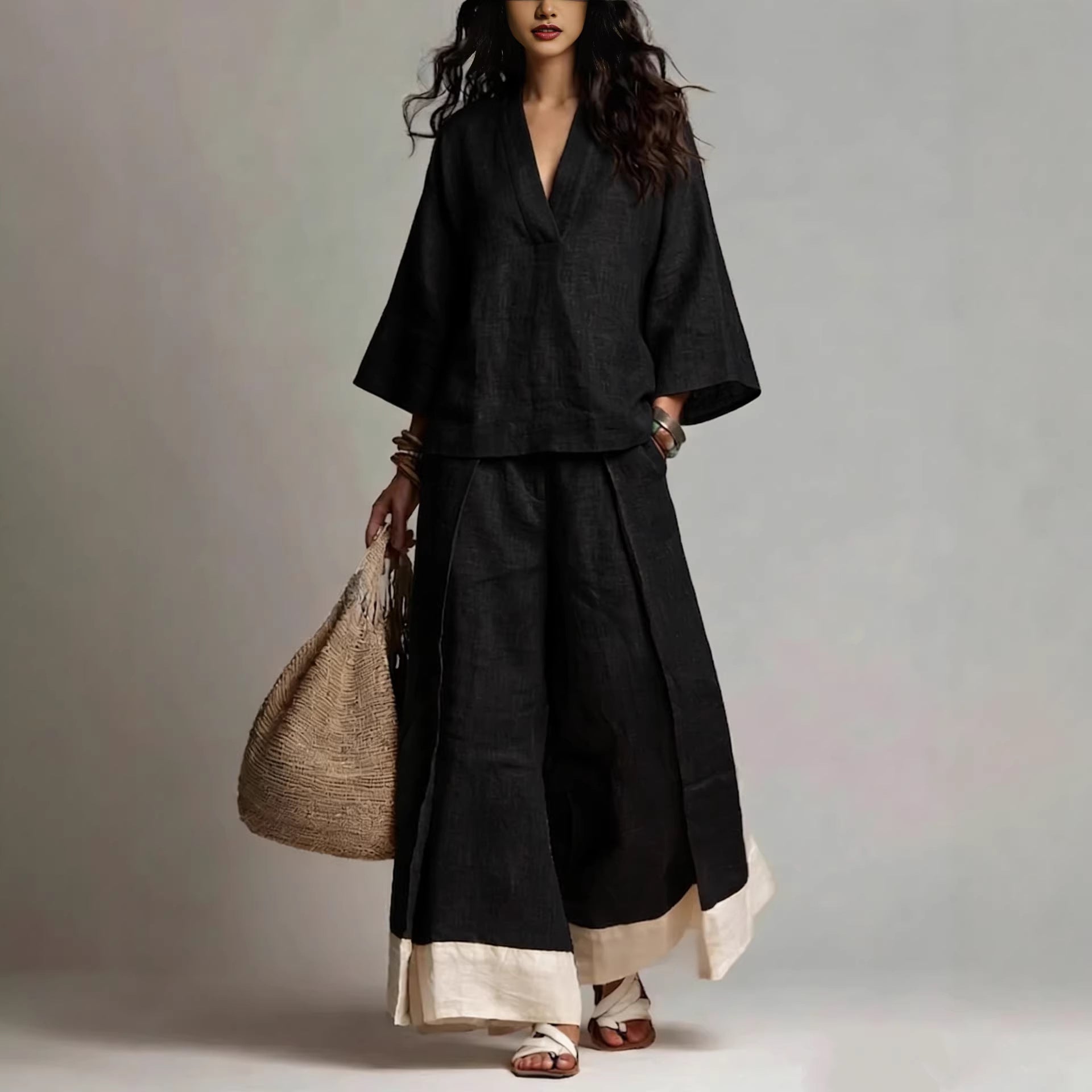 Cotton linen V-neck co-ord set, close-up view