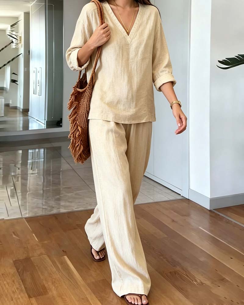 Beige V-Neck Long-Sleeve Wide-Leg Co-ord Set