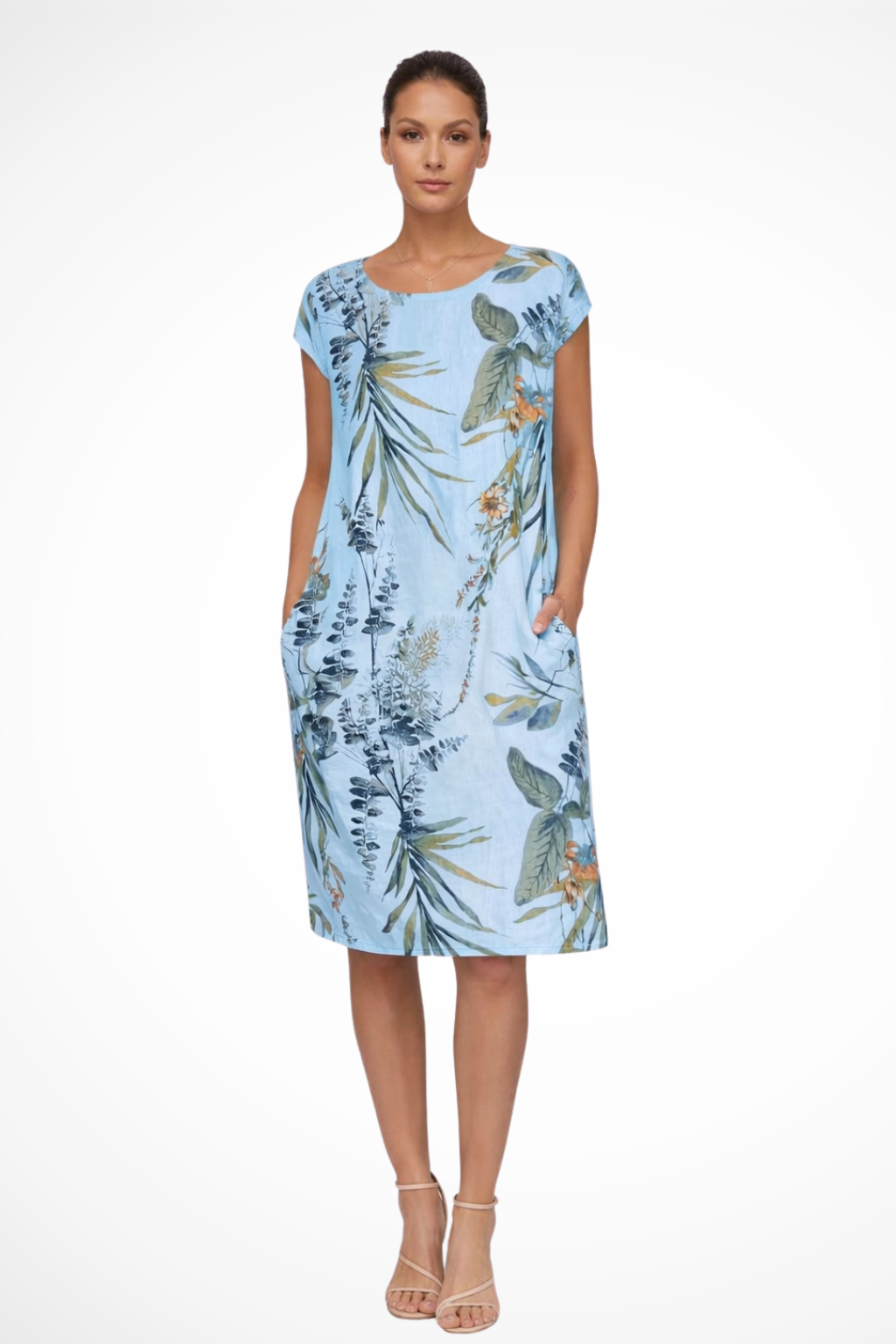 Women's casual everyday shift dress back view pocket detail
