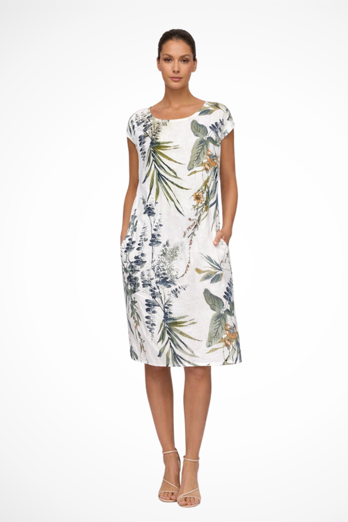 Botanical print sleeveless shift summer dress in white, front view