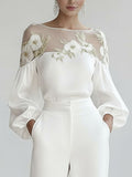 White mesh-yoke floral applique blouse with puff sleeves, front view