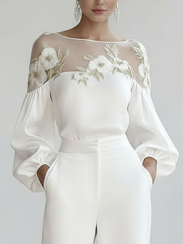 White mesh-yoke floral applique blouse with puff sleeves, front view