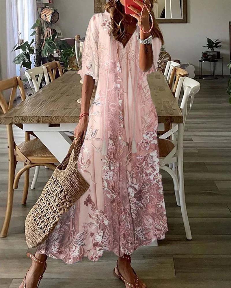Floral V-neck ruffle full skirt maxi dress, front view