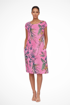 Side view of women's botanical shift dress lightweight summer style