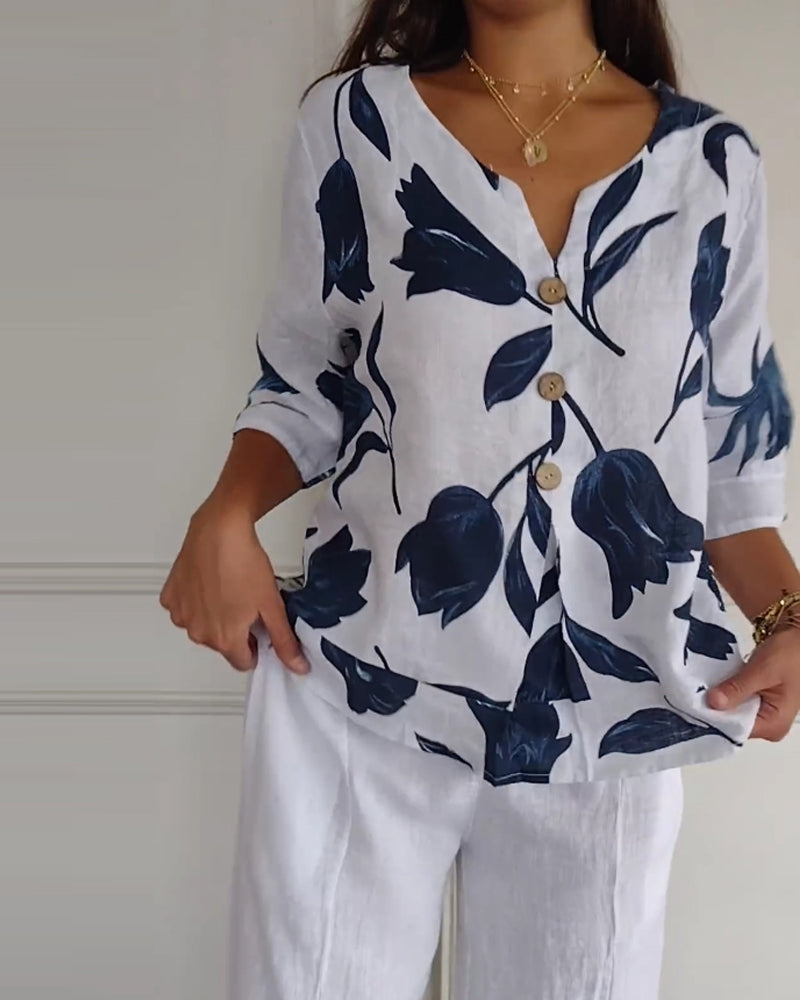 Cotton linen floral blouse, back view