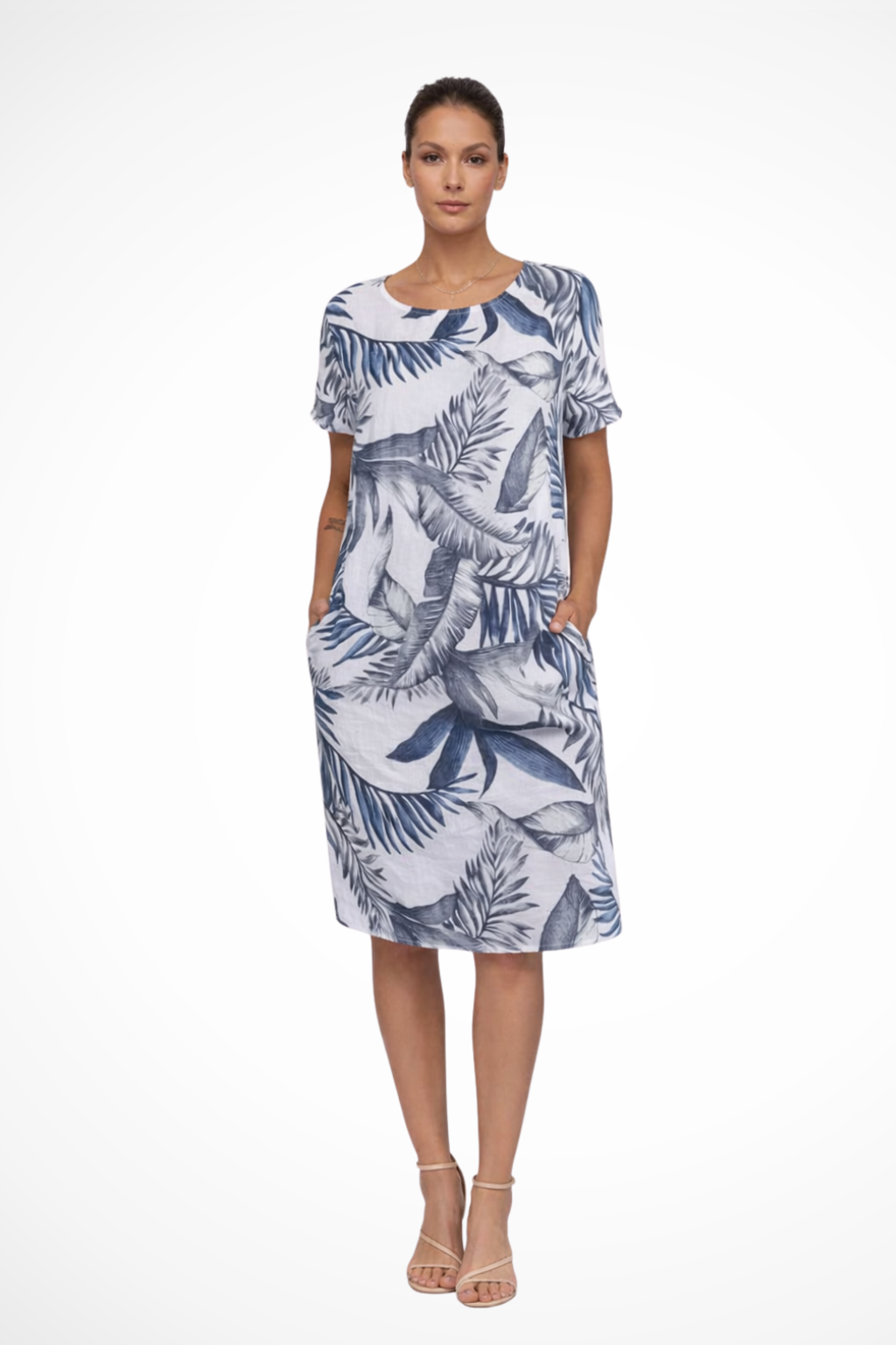 Front view of women's botanical leaf print shift dress