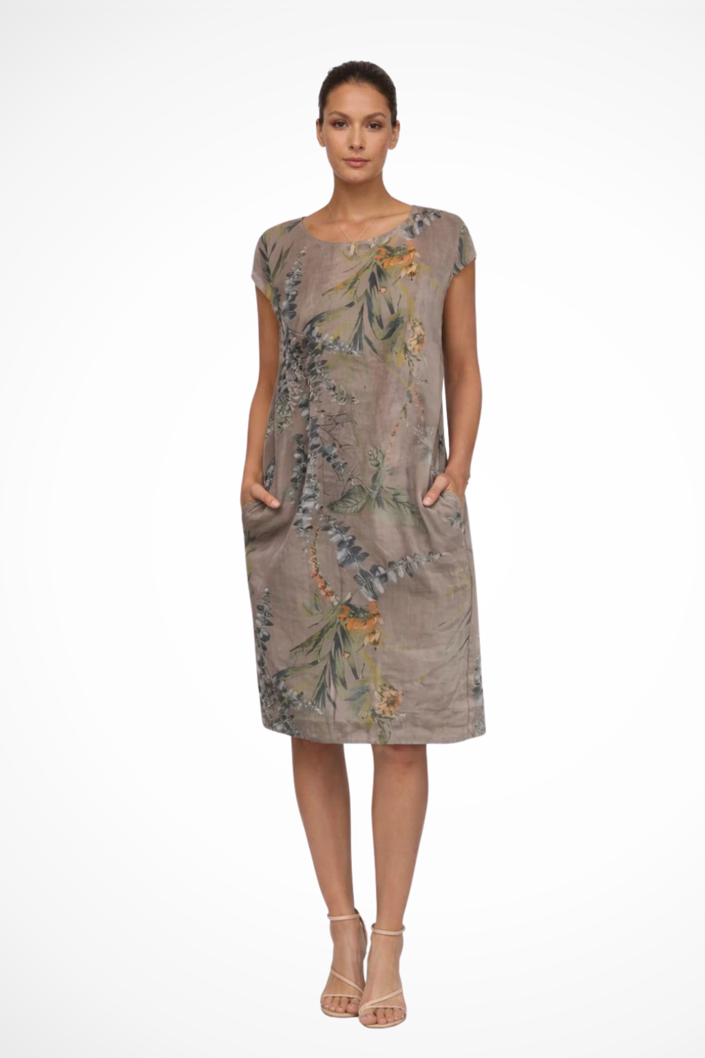 Women's relaxed shift dress with botanical print and side pockets