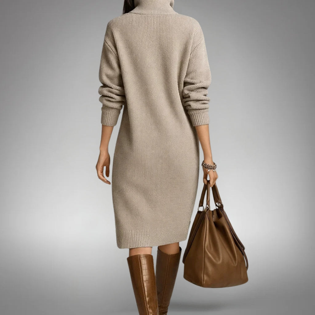 High Neck Button Collar Midi Dress