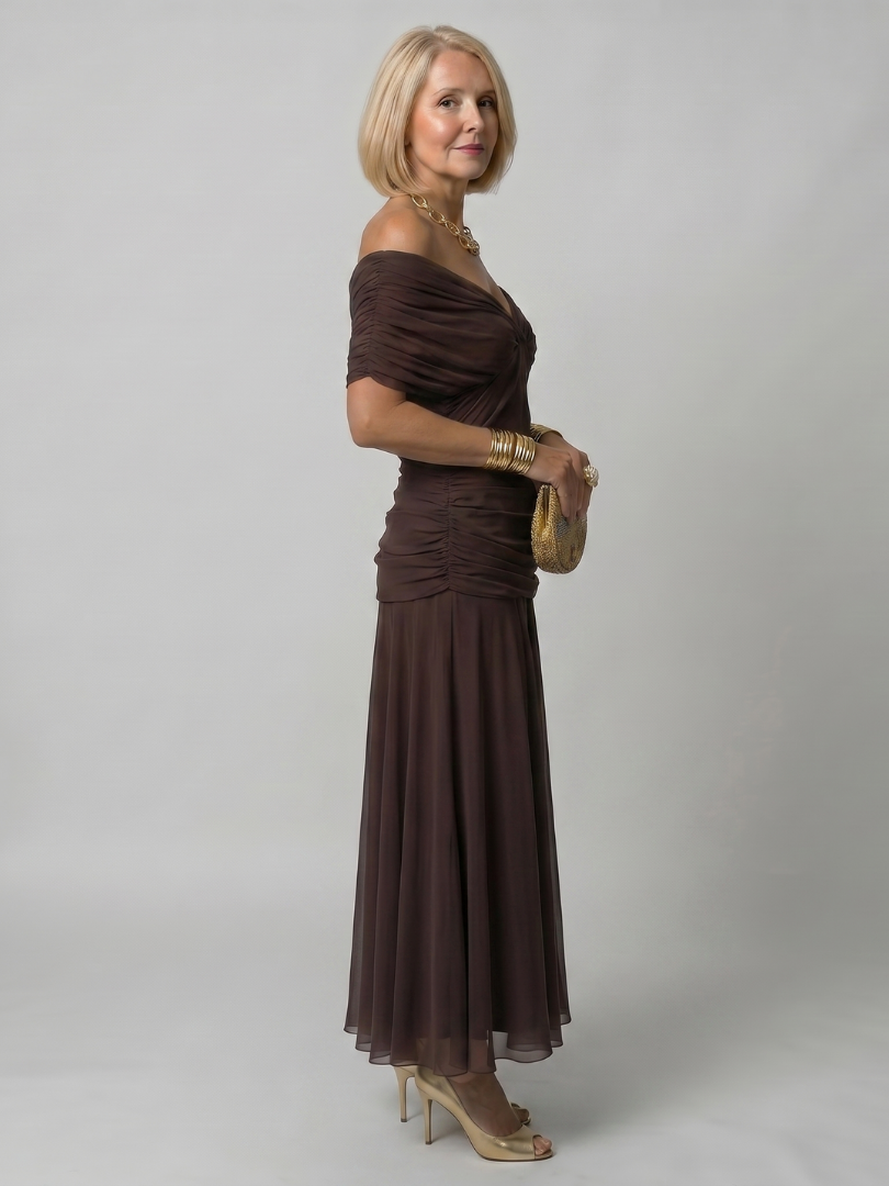 Off-shoulder draped midi dress in additional colourway, three-quarter view