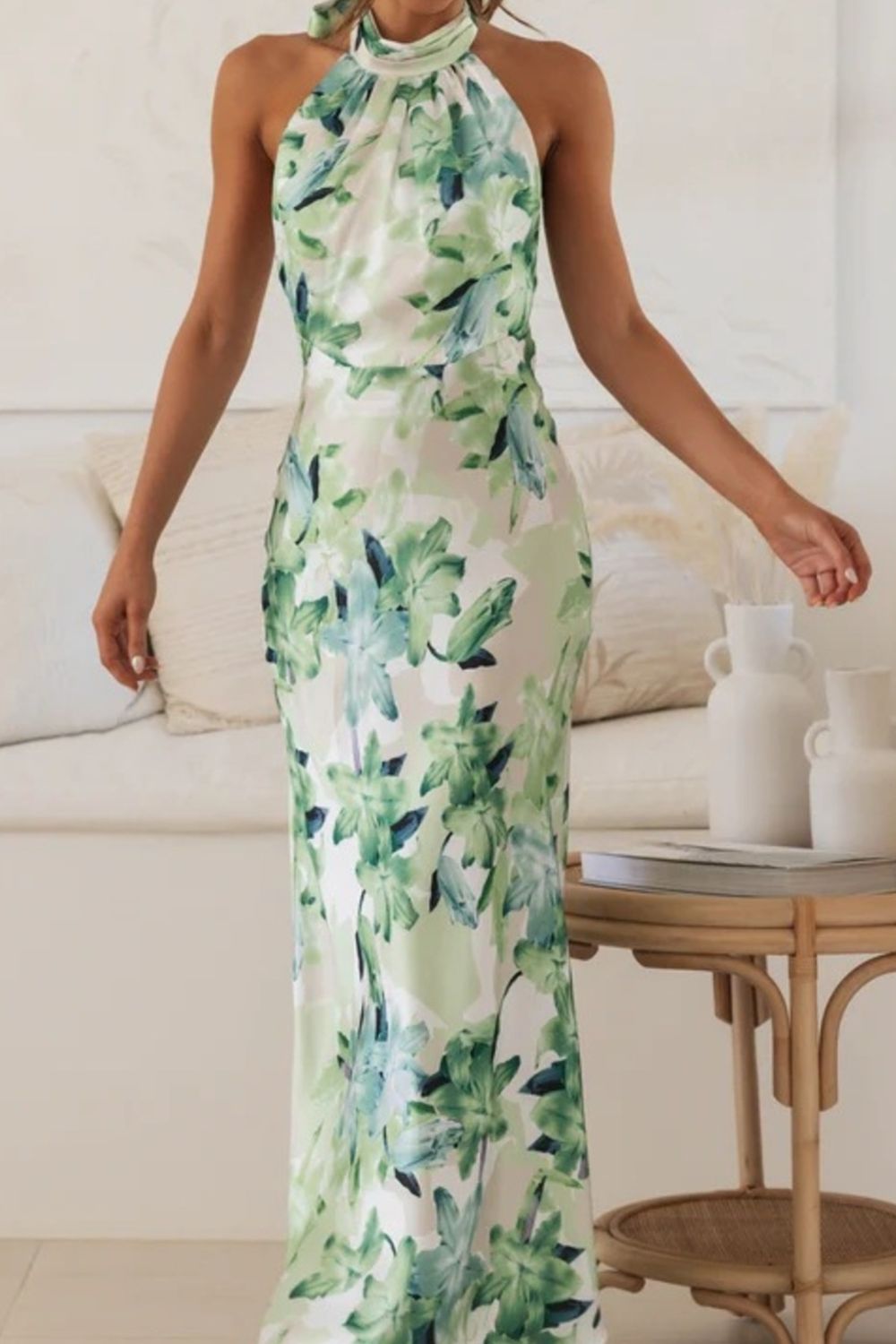 Women's floral print halter neck maxi dress, fourth colourway front view