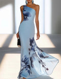 Satin Ink Wash Floral Sloping Shoulder Fishtail Maxi Dress