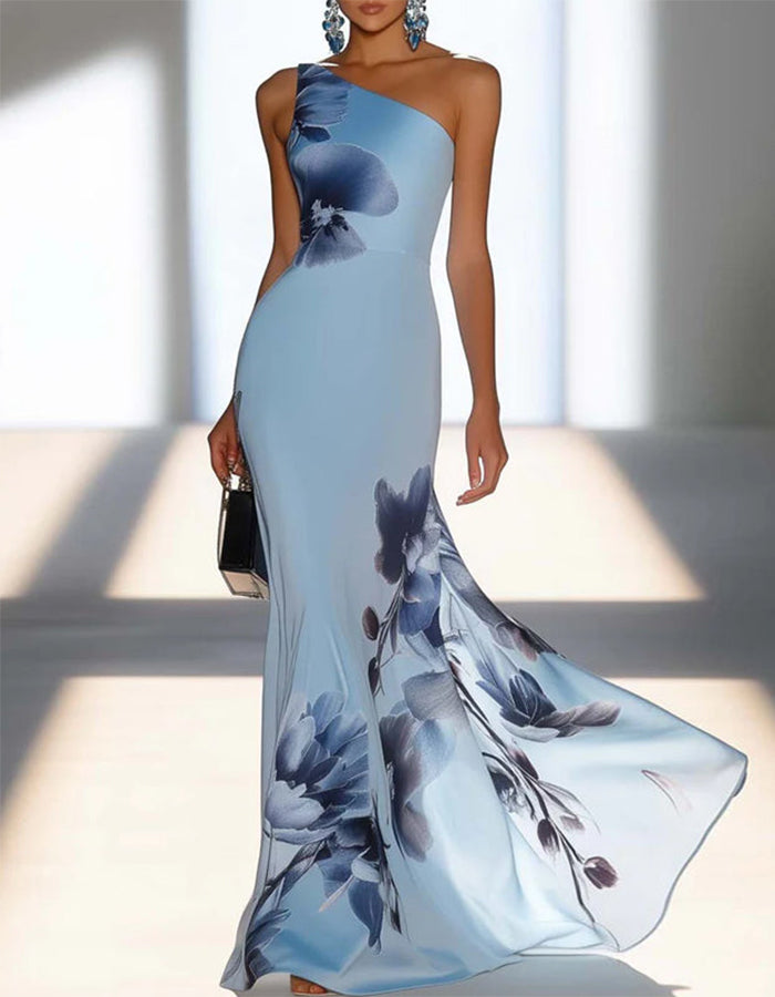 Satin Ink Wash Floral Sloping Shoulder Fishtail Maxi Dress