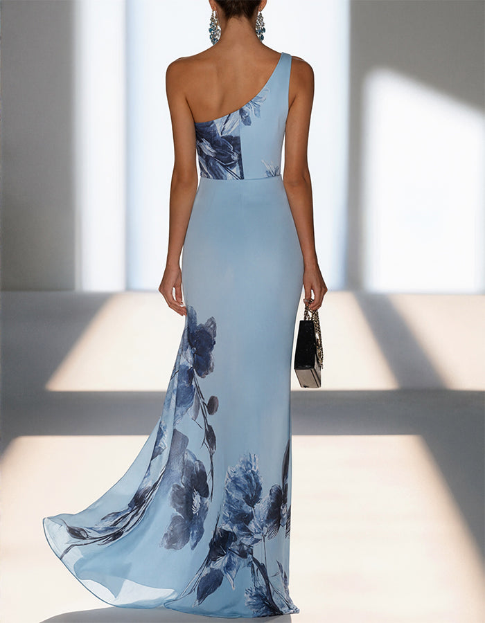 Satin Ink Wash Floral Sloping Shoulder Fishtail Maxi Dress