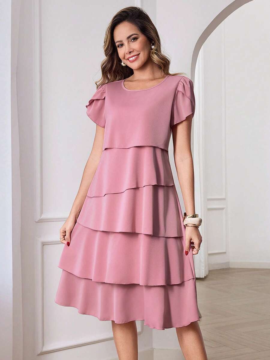 Round Neck Petal Sleeve Midi Tea Dress with Layered Ruffle Hem
