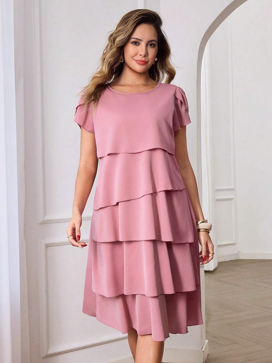 Round Neck Petal Sleeve Midi Tea Dress with Layered Ruffle Hem