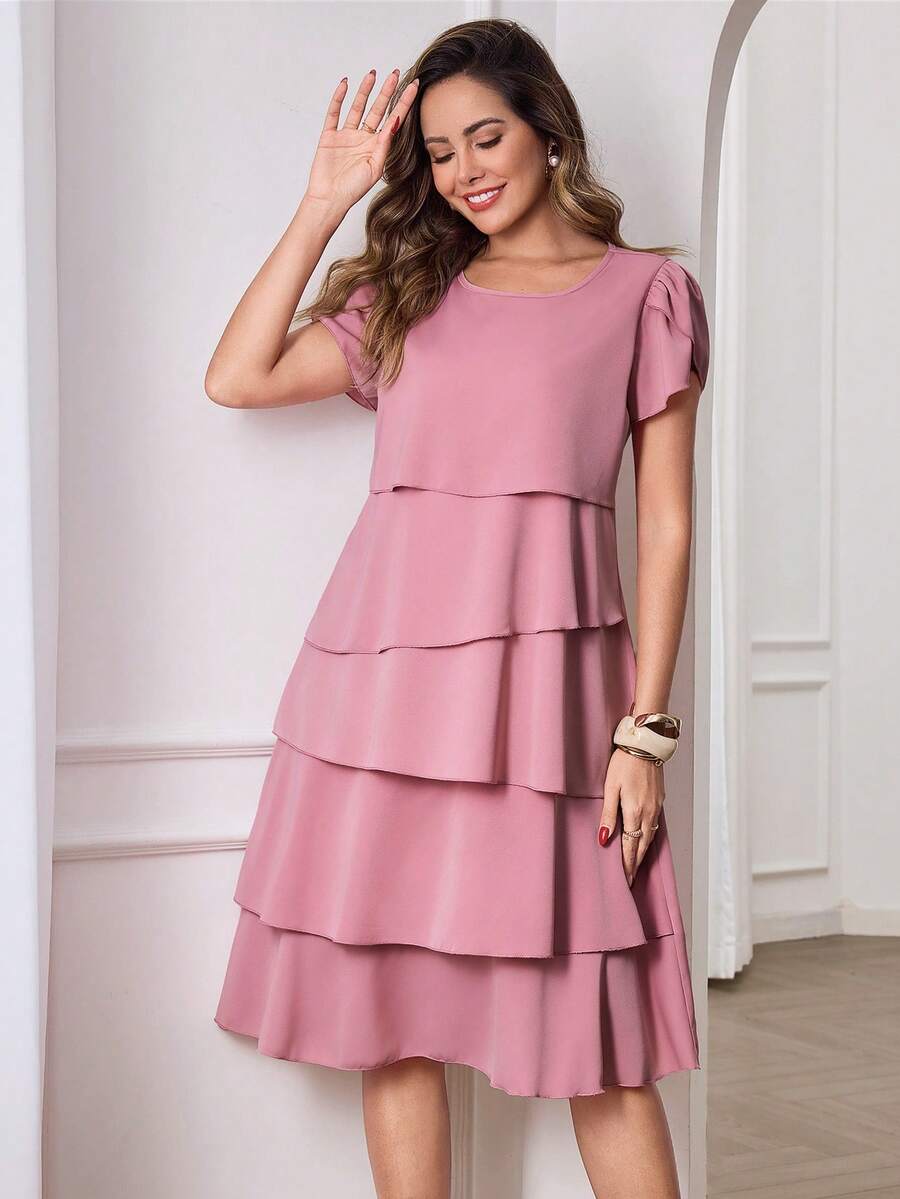 Round Neck Petal Sleeve Midi Tea Dress with Layered Ruffle Hem