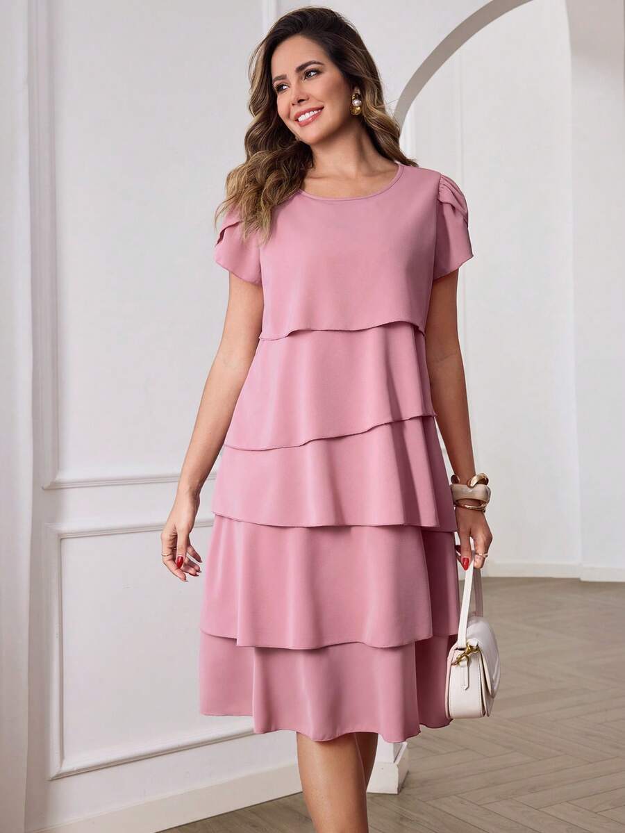 Round Neck Petal Sleeve Midi Tea Dress with Layered Ruffle Hem