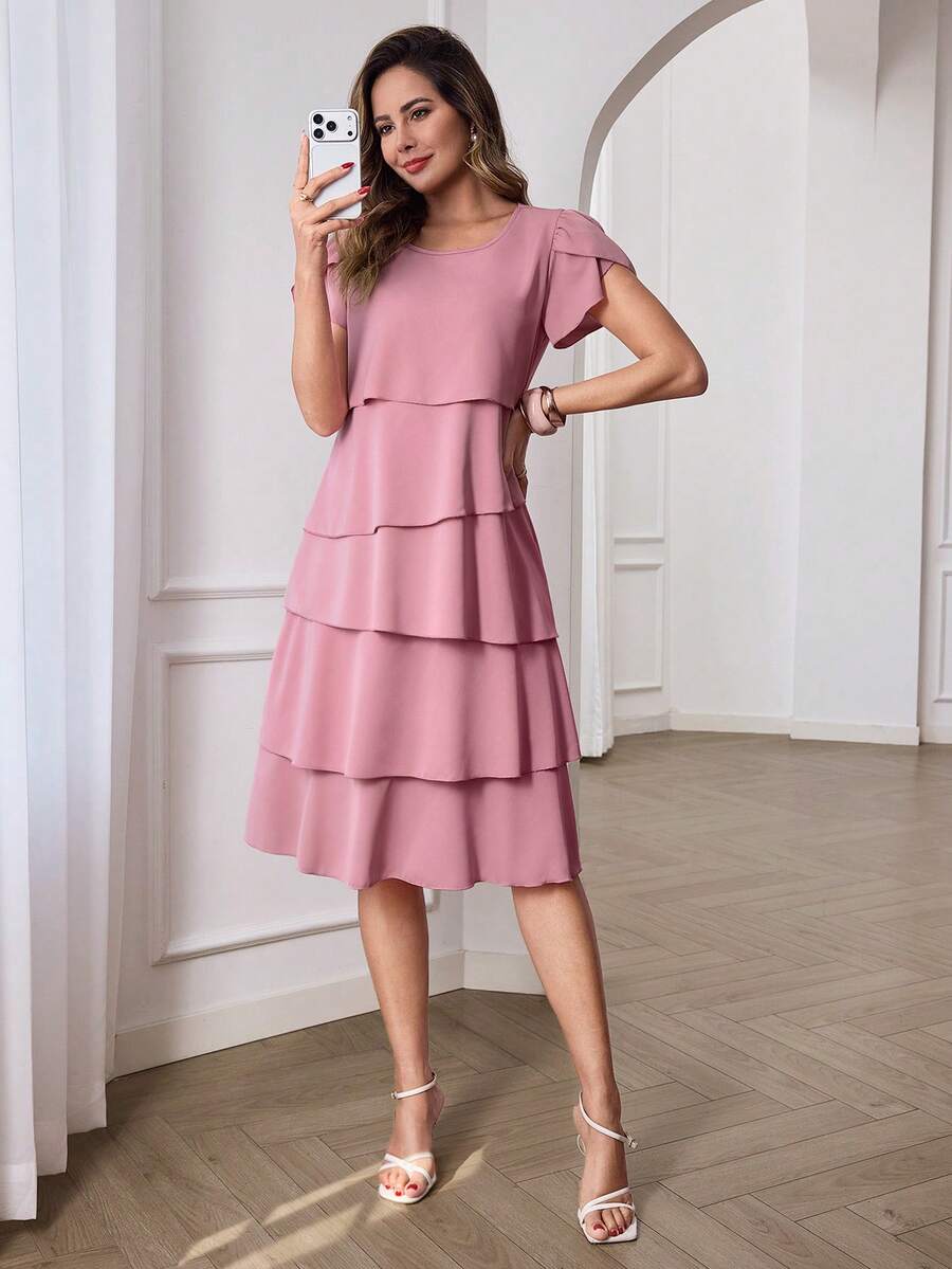 Round Neck Petal Sleeve Midi Tea Dress with Layered Ruffle Hem