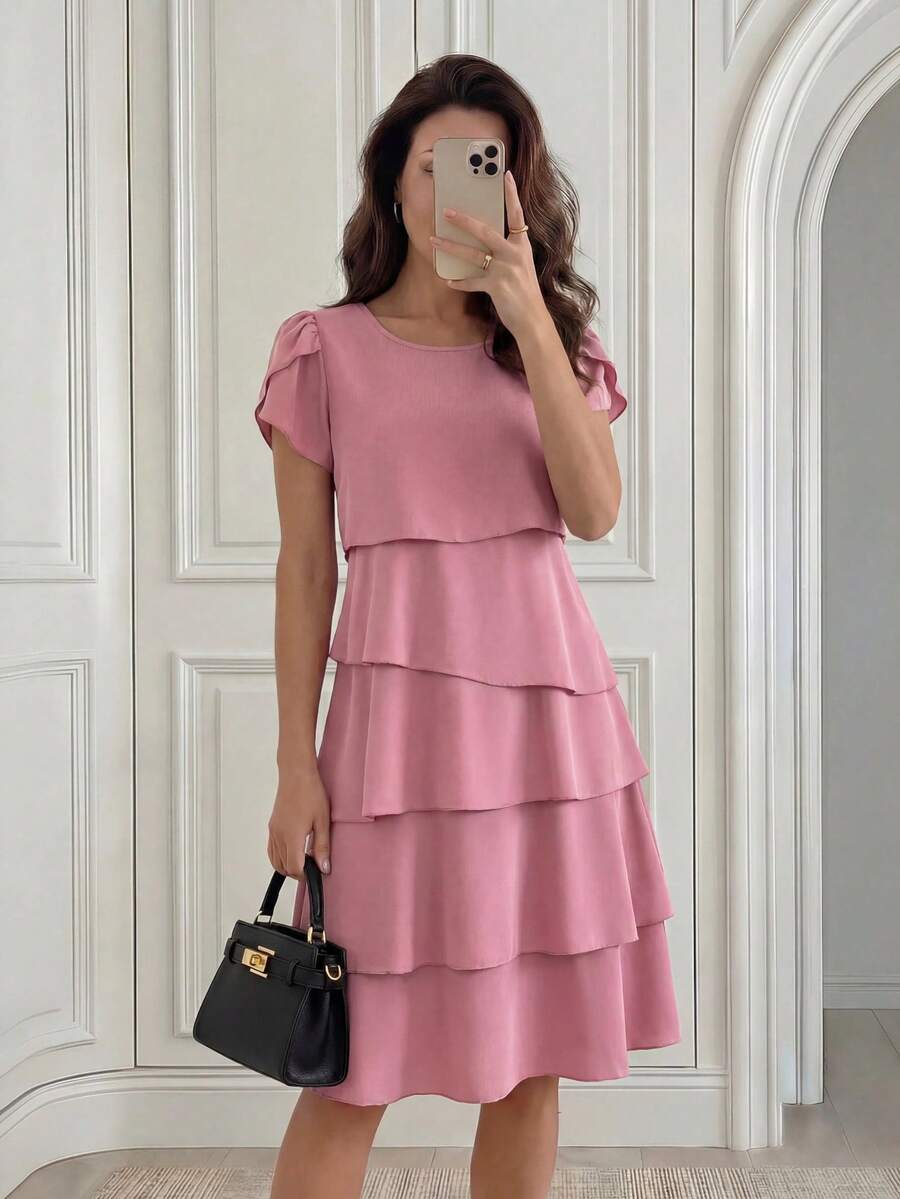 Round Neck Petal Sleeve Midi Tea Dress with Layered Ruffle Hem