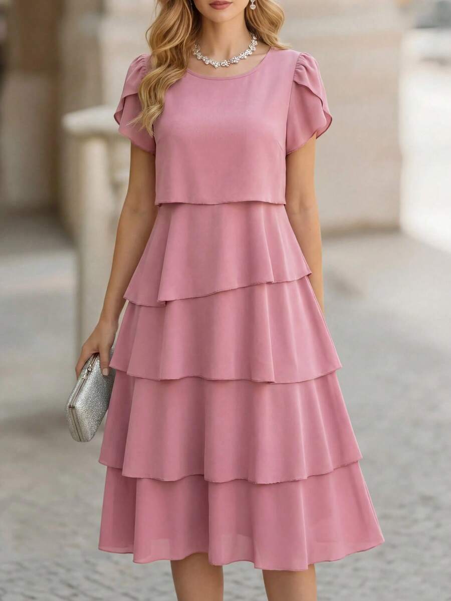 Beige Round Neck Ruffle Hem Tea Dress, front view