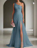 One-Shoulder Pleated Chiffon Maxi Dress