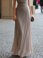 Women's cowl neck ruched maxi dress in light blue, floor length side view